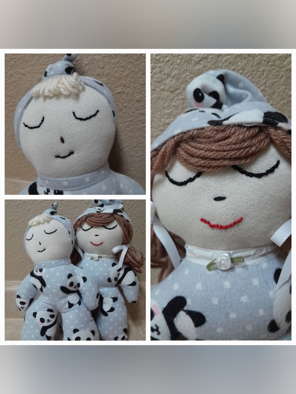 Handmade Baby Boy & Girl 2 Dolls Gray Panda Onesie/Matching Cap NWT Size:9.5